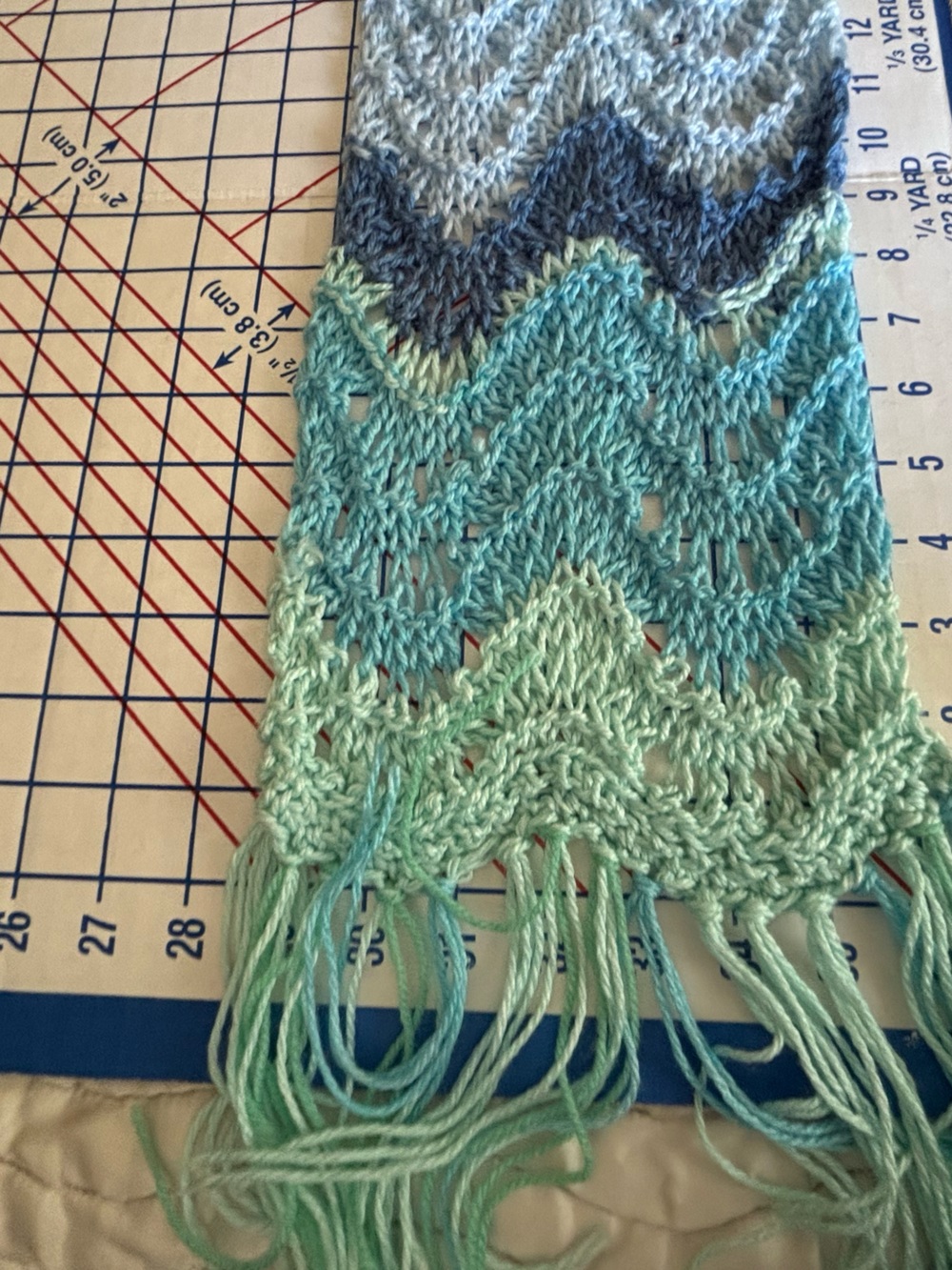 OOAK Hand Crocheted Luxe Yarn Aquato Navy Gradient Long Skinny Boho Fringe Scarf